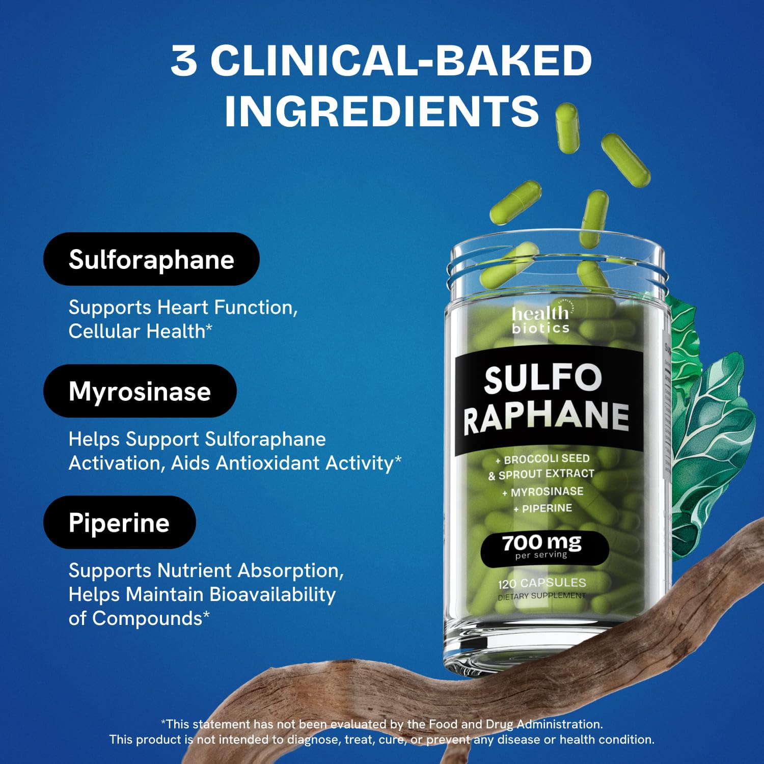 Healthbiotics sulforaphane capsules close-up indicates easy daily supplementation.