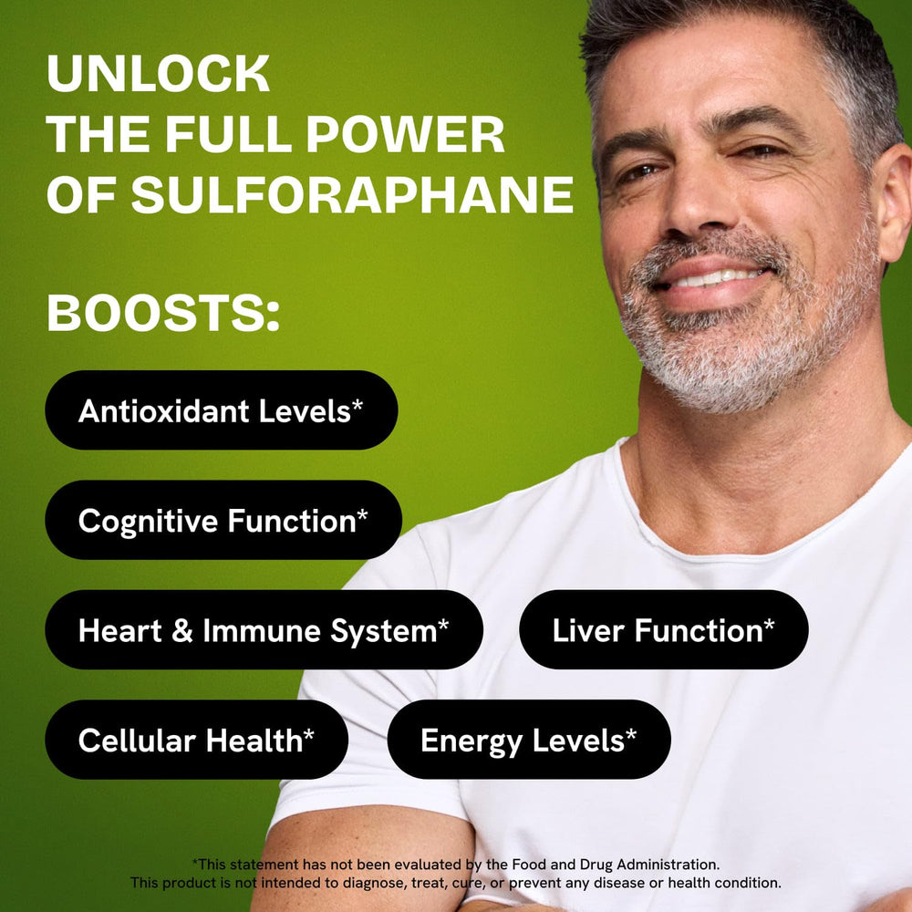 Healthbiotics Sulforaphane packaging box highlighting organic broccoli origin.