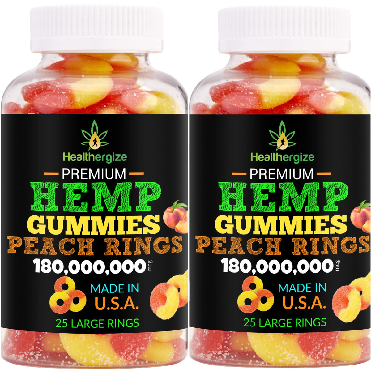 Healthergize 2Pack hemp gummies peach bottle ready for nightly relaxation.