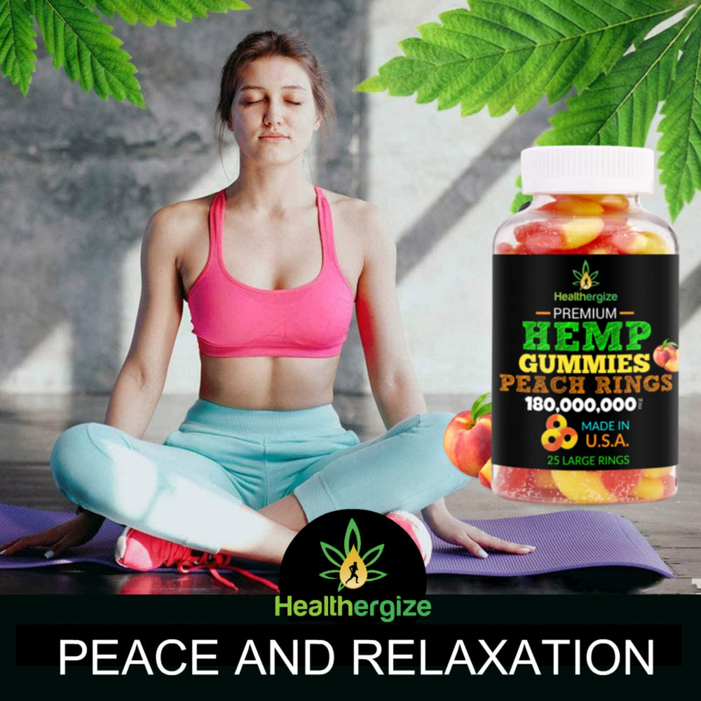 Healthergize 3-pack hemp gummies pack-front: colorful peach rings for on-the-go use