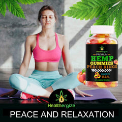 Healthergize 3-pack hemp gummies pack-front: colorful peach rings for on-the-go use