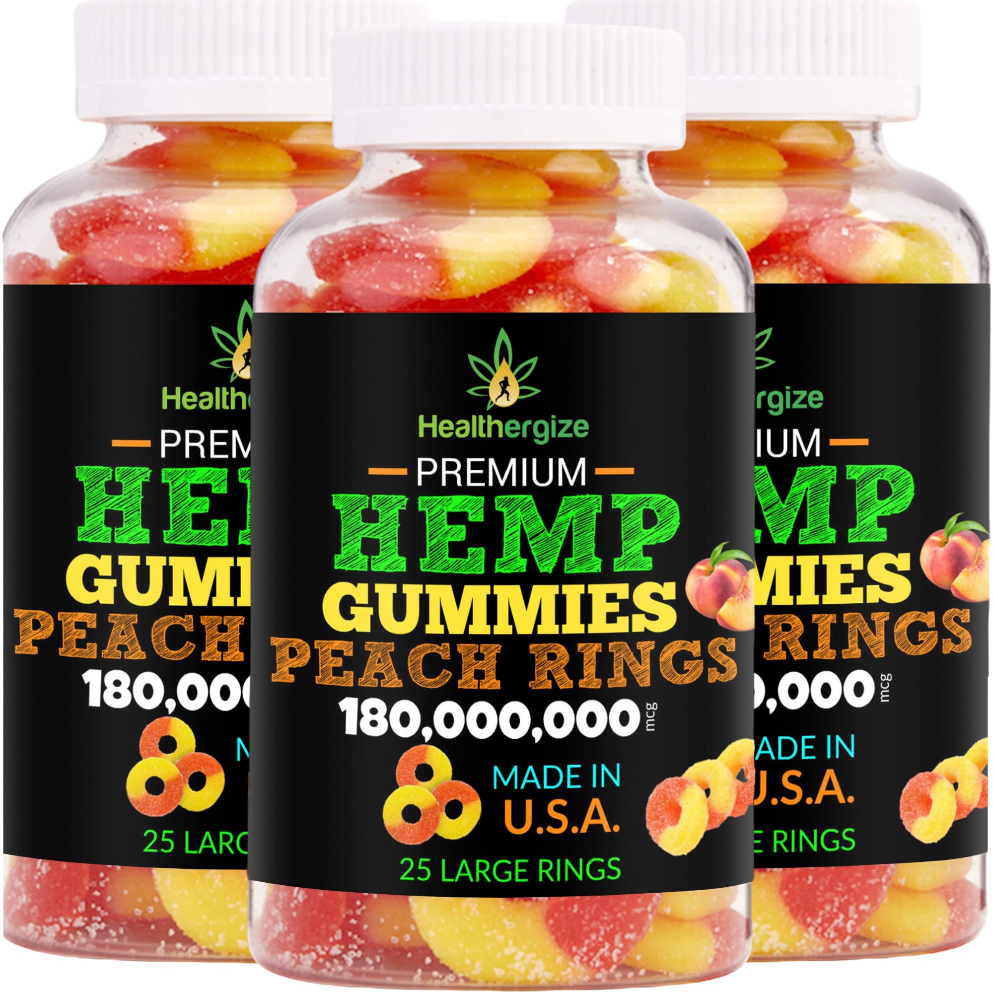 Healthergize 3-pack hemp gummies peach rings bottle: appealing flavor and convenient packaging