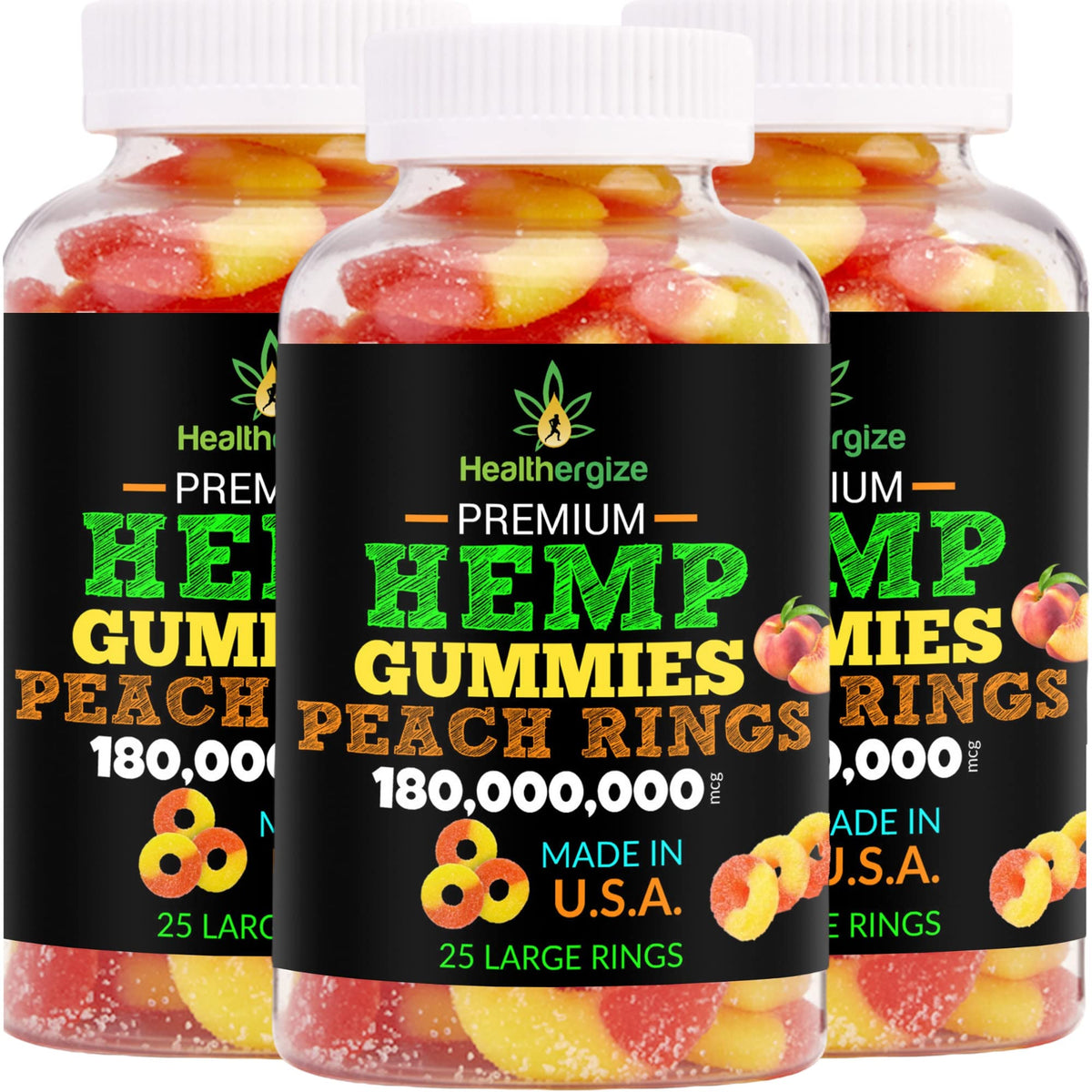 Healthergize 3-pack hemp gummies peach rings bottle: appealing flavor and convenient packaging