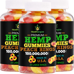 Healthergize 3-pack hemp gummies peach rings bottle: appealing flavor and convenient packaging