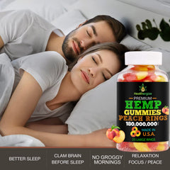 Healthergize 3-pack hemp gummies peach rings closeup: juicy texture and peach aroma
