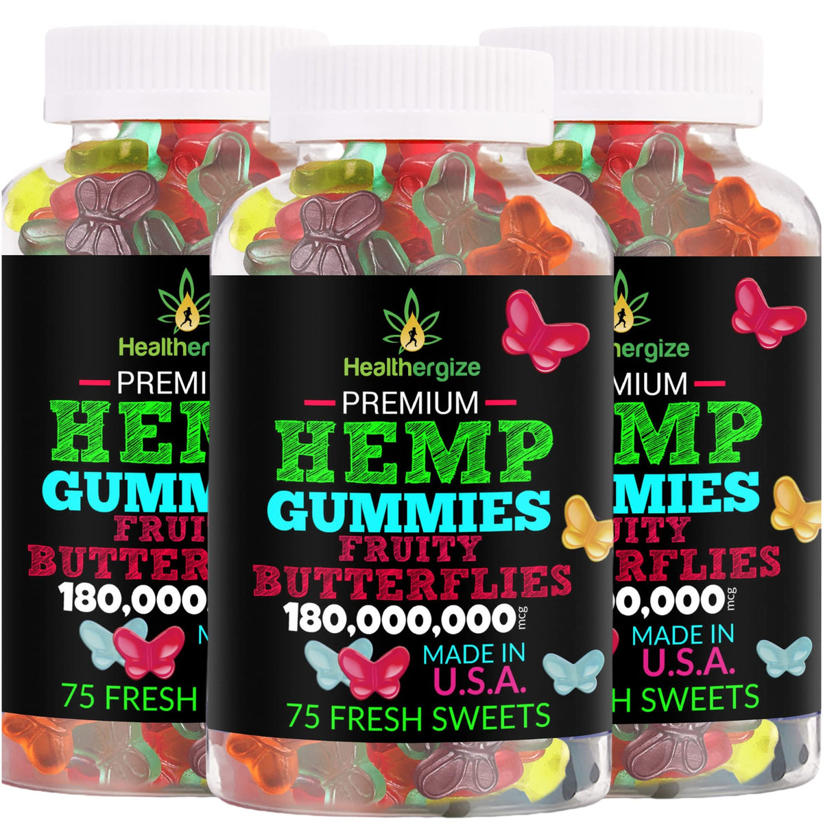 Healthergize 3-pack hemp gummies fruity butterflies on desk for daily enjoyment.