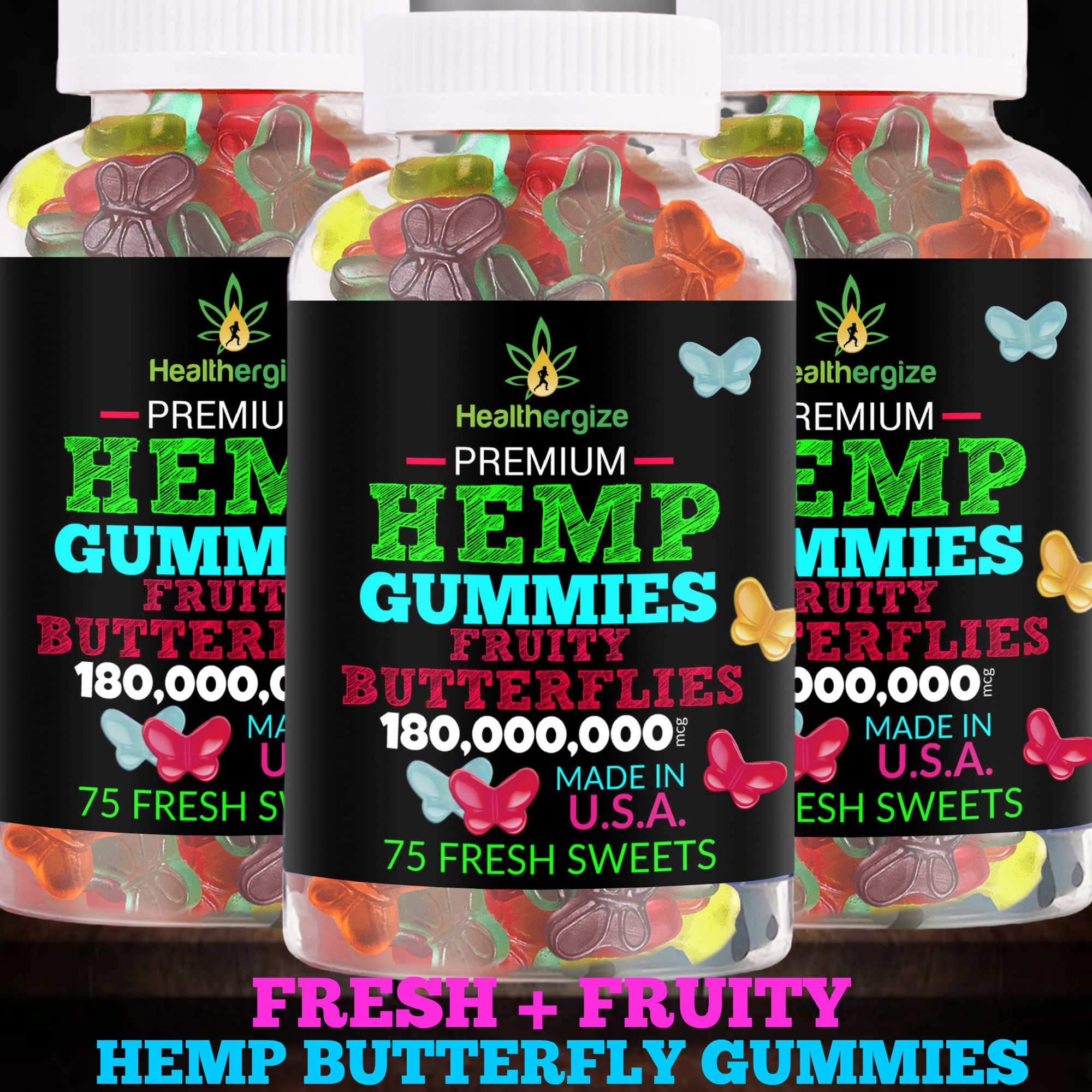 3-pack Healthergize hemp gummies on shelf emphasizing value.