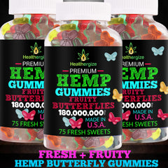 3-pack Healthergize hemp gummies on shelf emphasizing value.