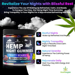 Healthergize gummies easy-chew closeup demonstrates approachable nightly supplement.