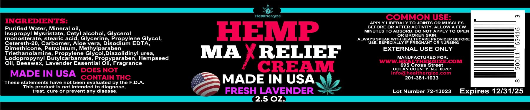 Packaging design of Healthergize Hemp Cream highlighting premium ingredients.