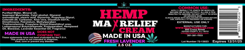 Packaging design of Healthergize Hemp Cream highlighting premium ingredients.