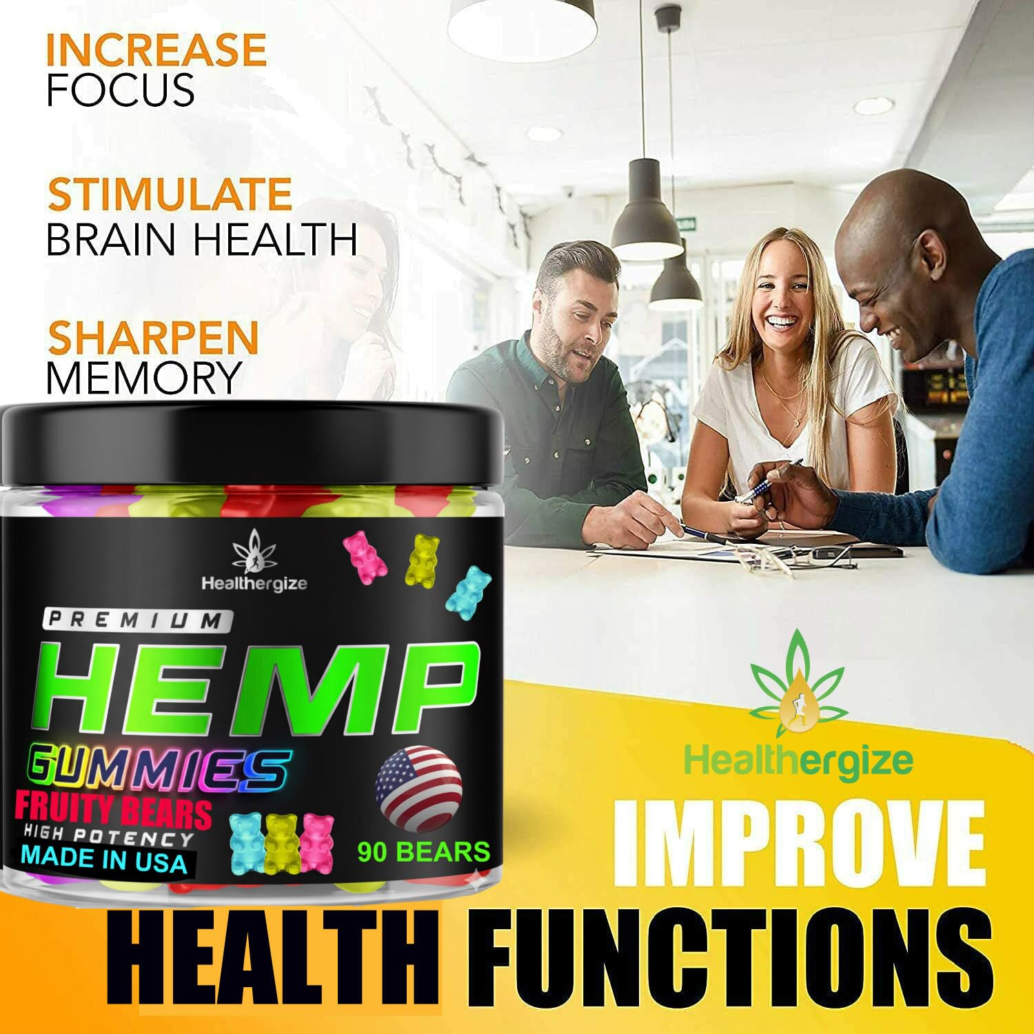 Healthergize hemp gummies bottle label emphasizes premium ingredients and USA-made production.