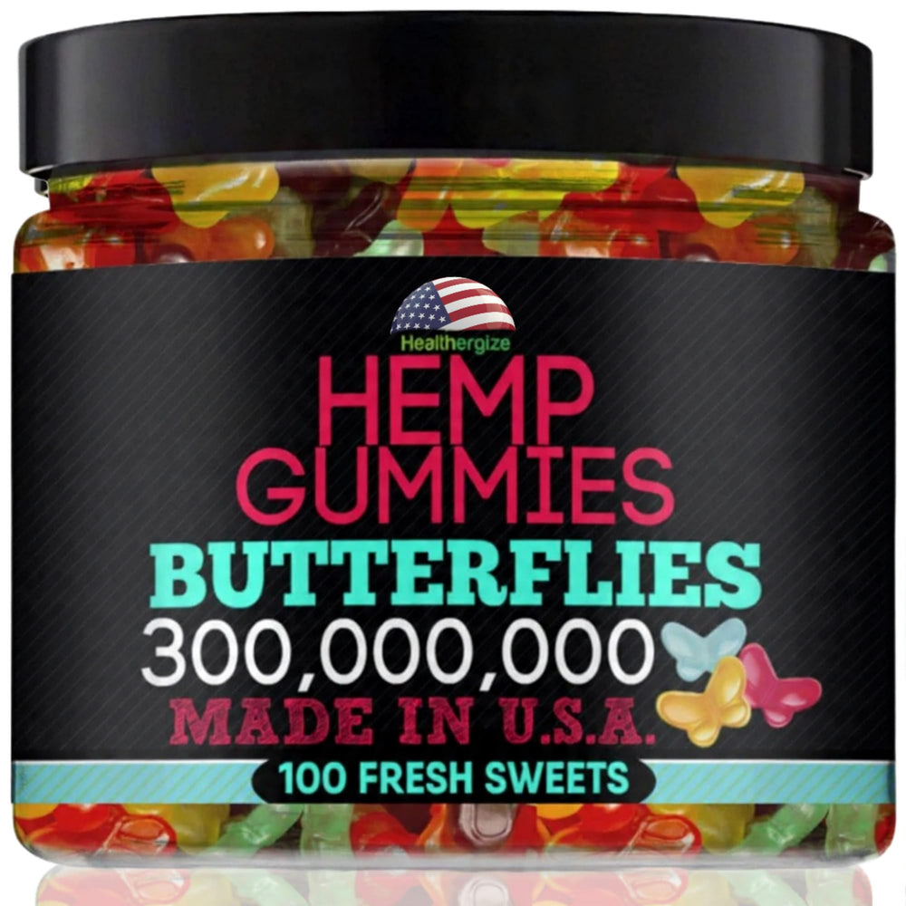 Healthergize hemp gummies butterfly bottle pour: a smooth, fruity bite for daily calm.
