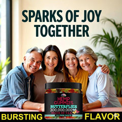Healthergize hemp gummies butterfly packaging shows fresh, USA-made quality.