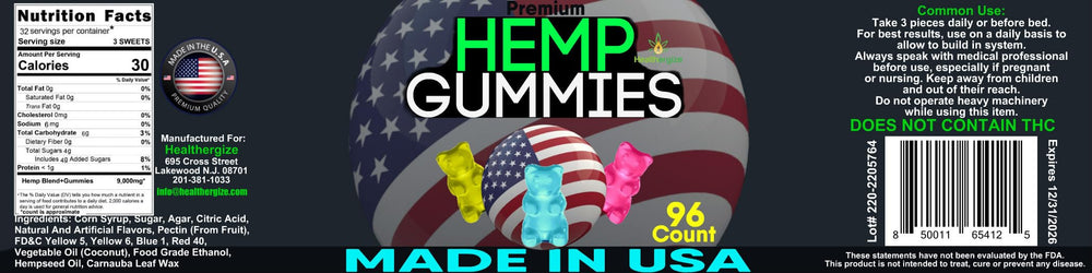 Healthergize hemp gummies close-up shows fruit flavors and soft chew