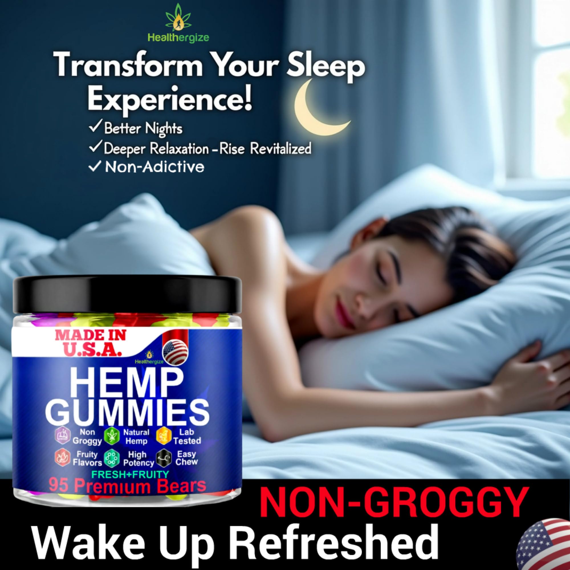 Healthergize hemp gummies close-up shows fruity flavors and chewy texture.