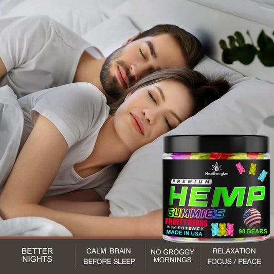 Healthergize hemp gummies closeup texture highlights chewy consistency and pleasant hemp flavor.