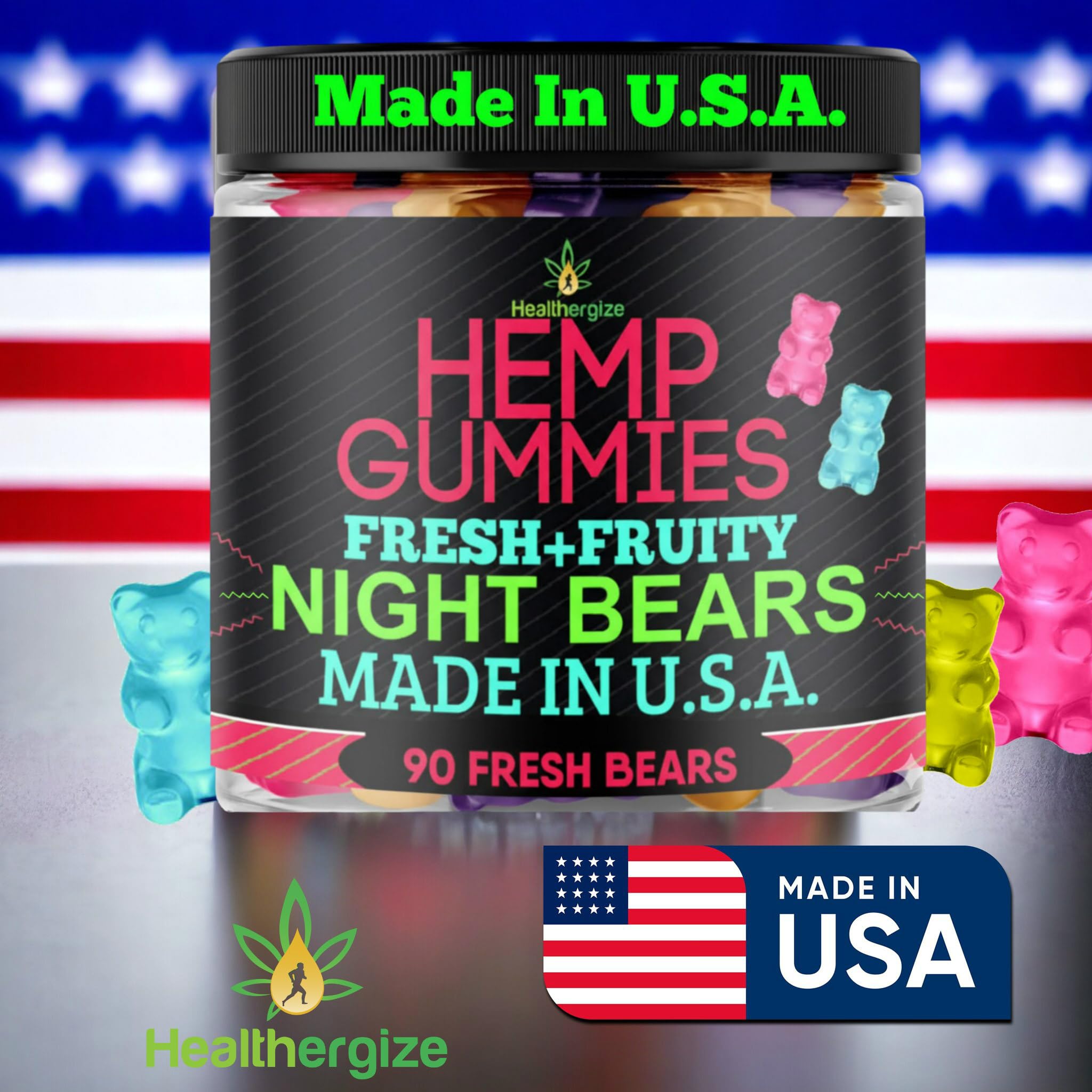 Healthergize Hemp Gummies fruity bear closeup highlights tasty sleep support.
