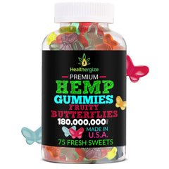 Healthergize hemp gummies fruity butterflies in a bowl for easy snacking.