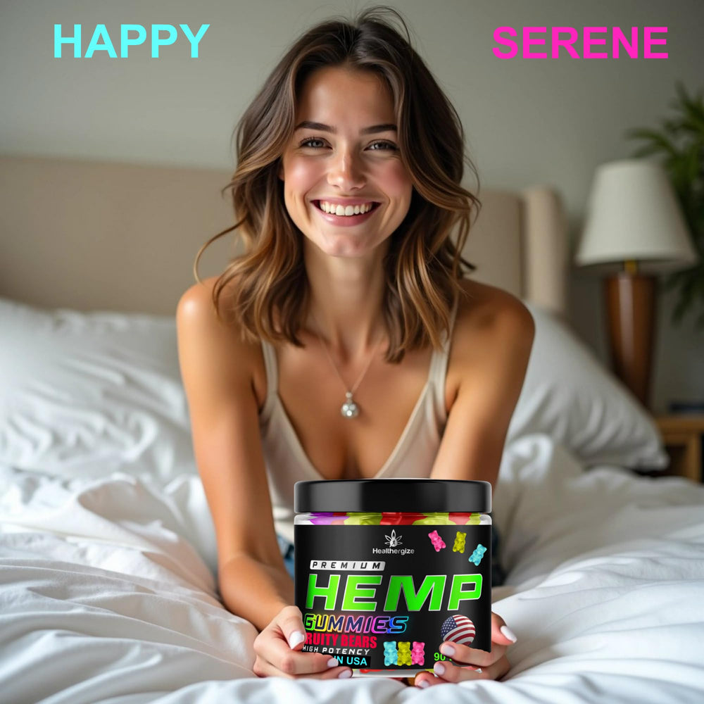 Healthergize hemp gummies ingredient list highlights omega 3-6-9 and natural flavors.