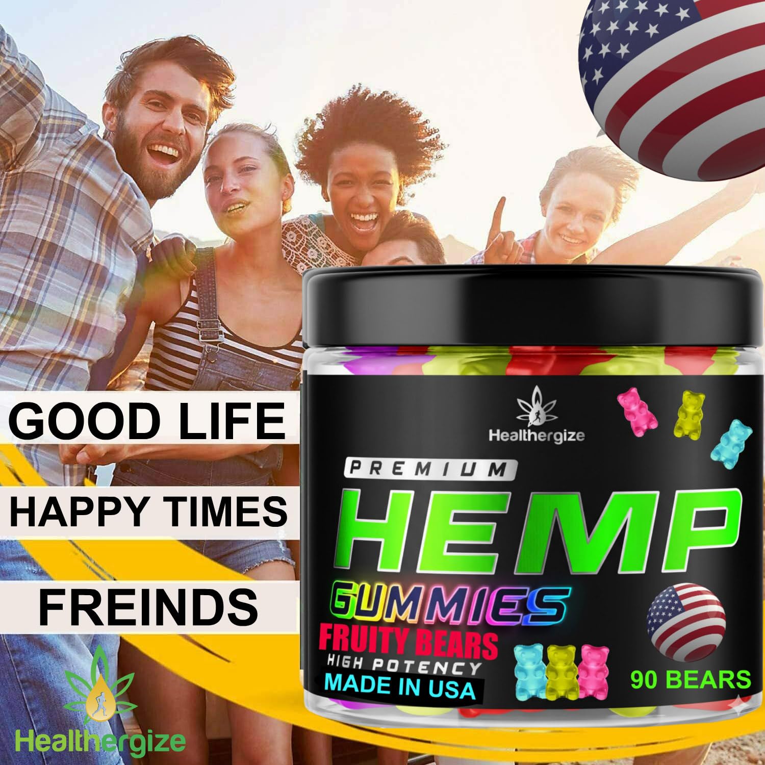 Healthergize hemp gummies on wood surface conveys daily wellness ritual and easy bite.