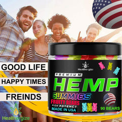 Healthergize hemp gummies on wood surface conveys daily wellness ritual and easy bite.
