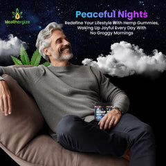 Healthergize hemp gummies pack scene suggests convenient, nightly routine addition.