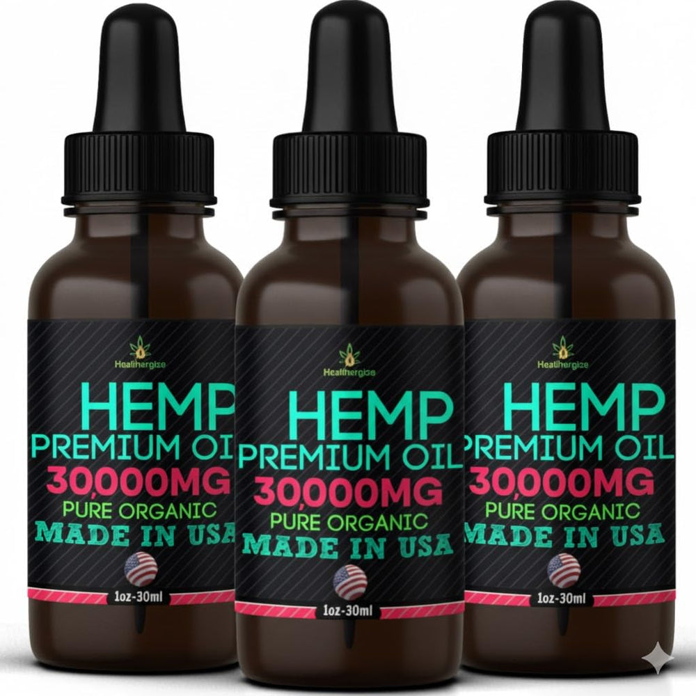 Healthergize hemp oil 3-pack bottles for convenient daily use and great value.