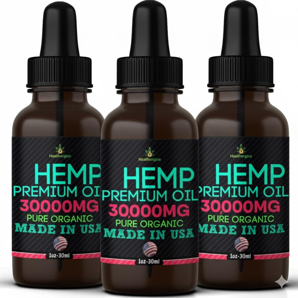 Healthergize hemp oil 3-pack bottles for convenient daily use and great value.