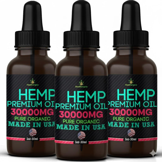 Healthergize hemp oil 3-pack bottles for convenient daily use and great value.