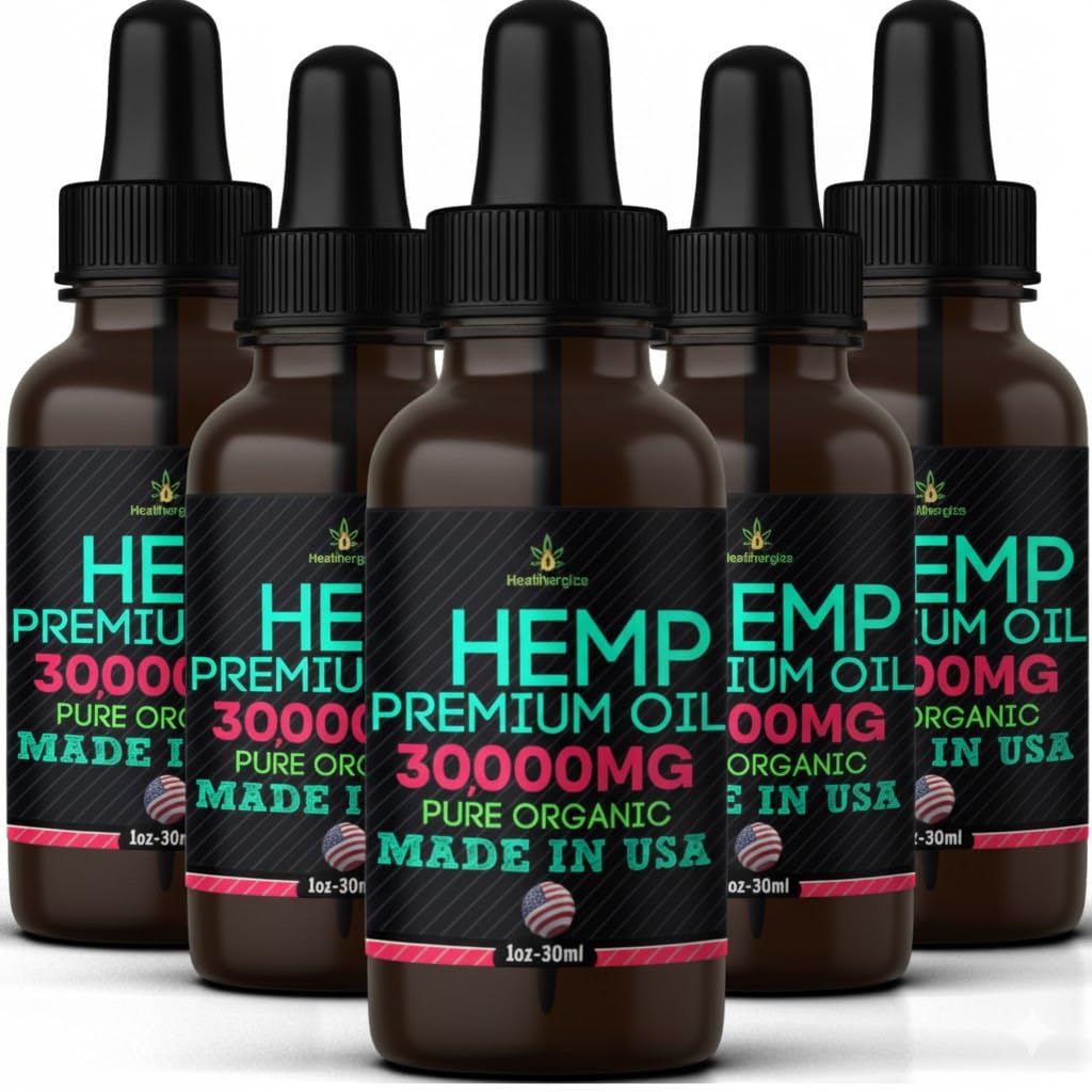 Healthergize hemp oil 5-pack bottles with pour spouts for convenient daily use.