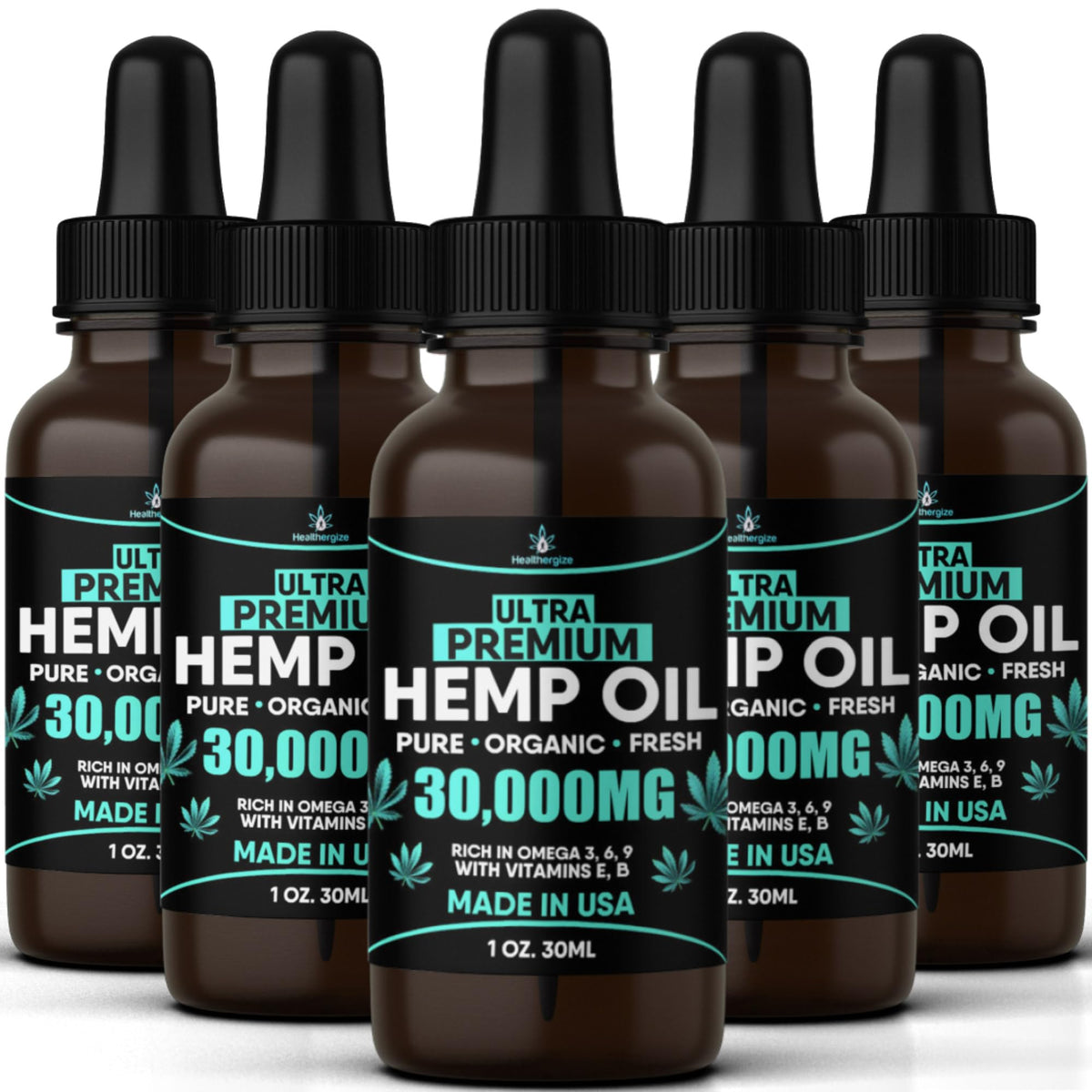 Healthergize hemp oil 5-pack front view for easy daily use.
