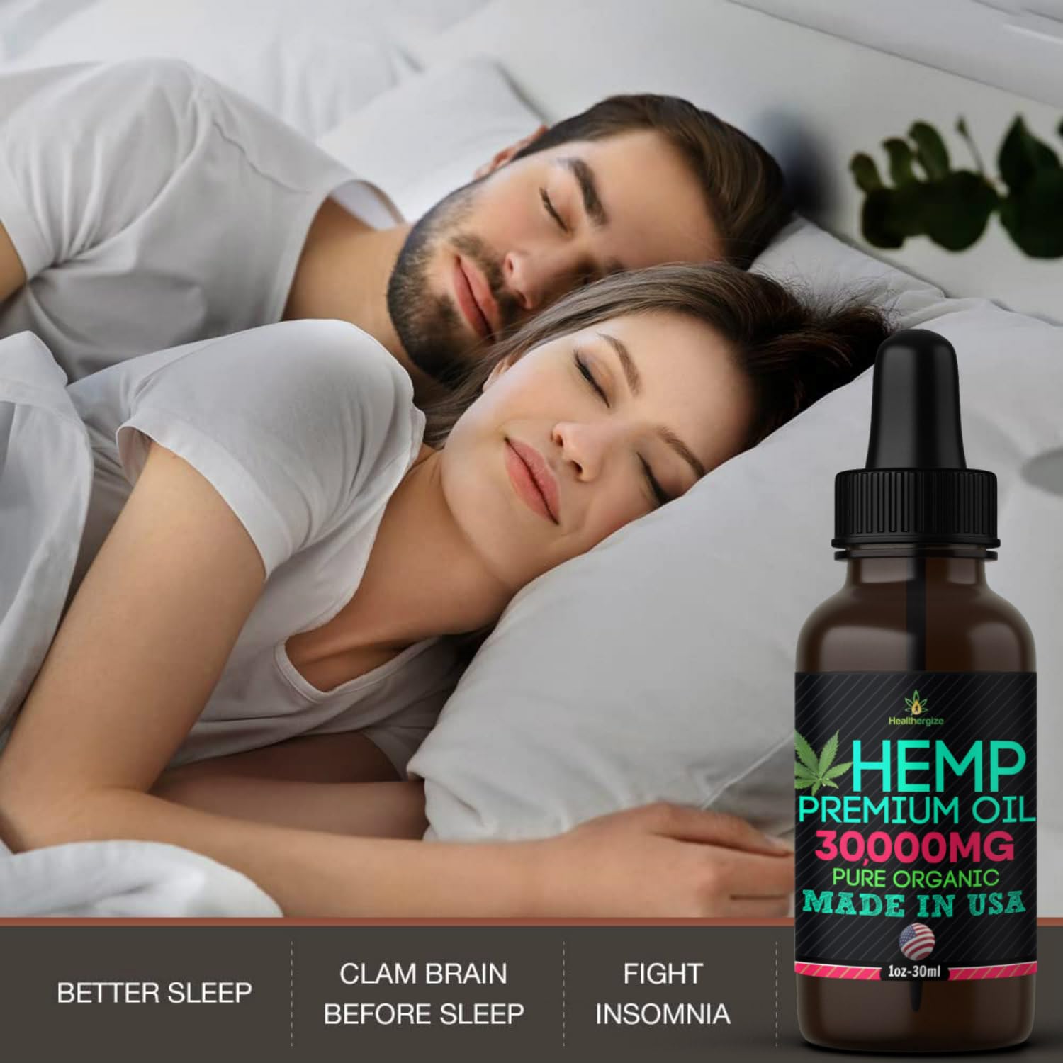 Healthergize hemp oil bottle closeup reveals premium oil and nutty aroma.