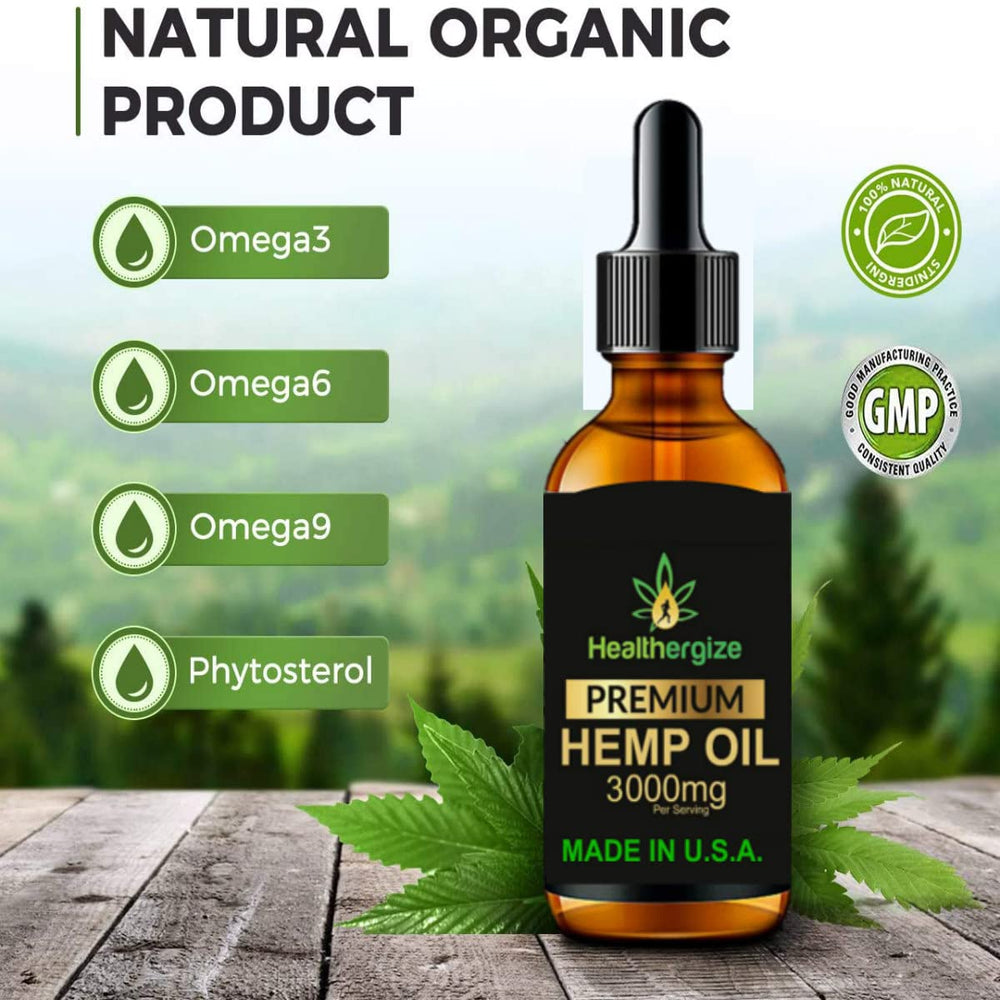 Healthergize Hemp Oil packaging highlights non-GMO, natural ingredients.