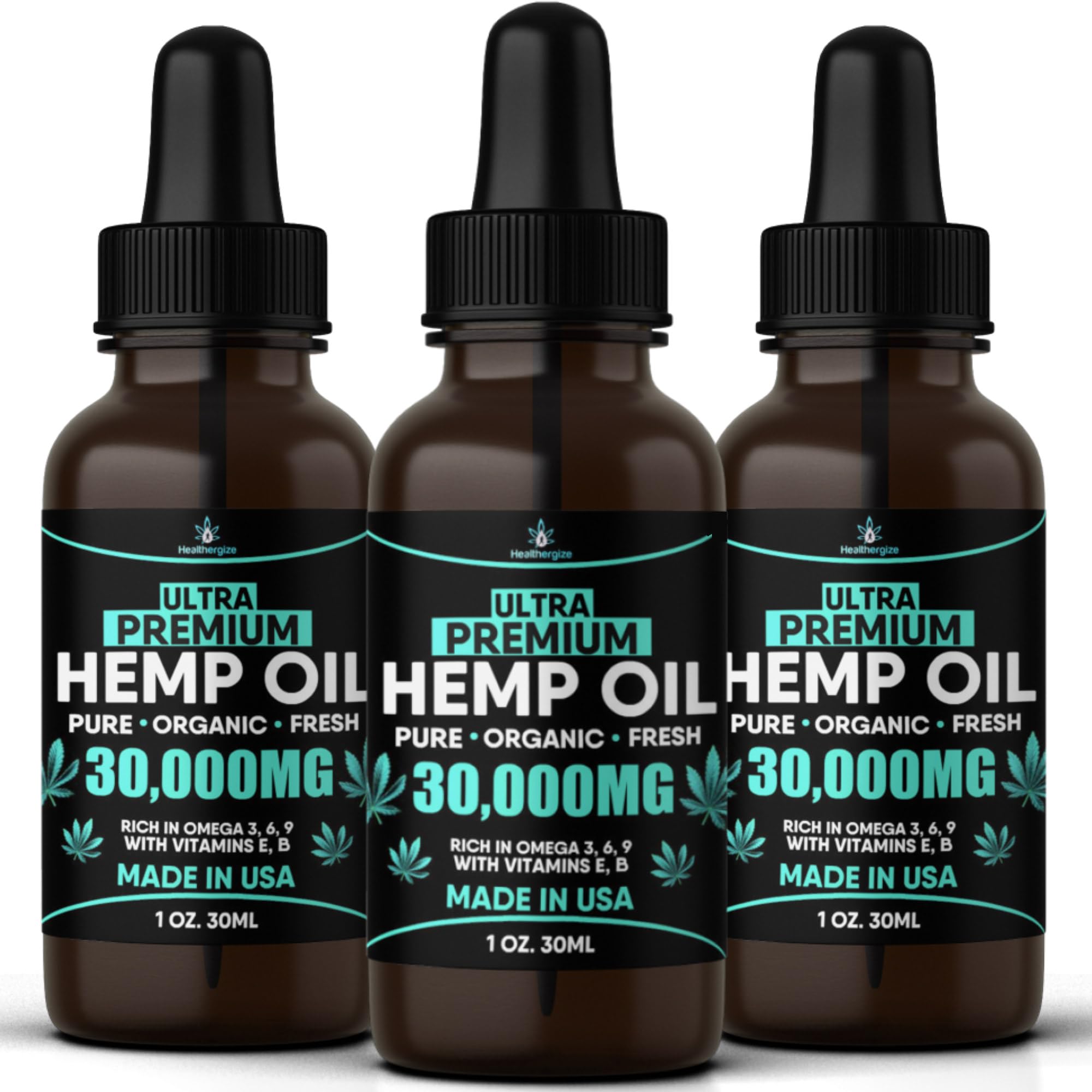 Healthergize hemp oil bottle shows triple-pack packaging for skin care and relaxation.