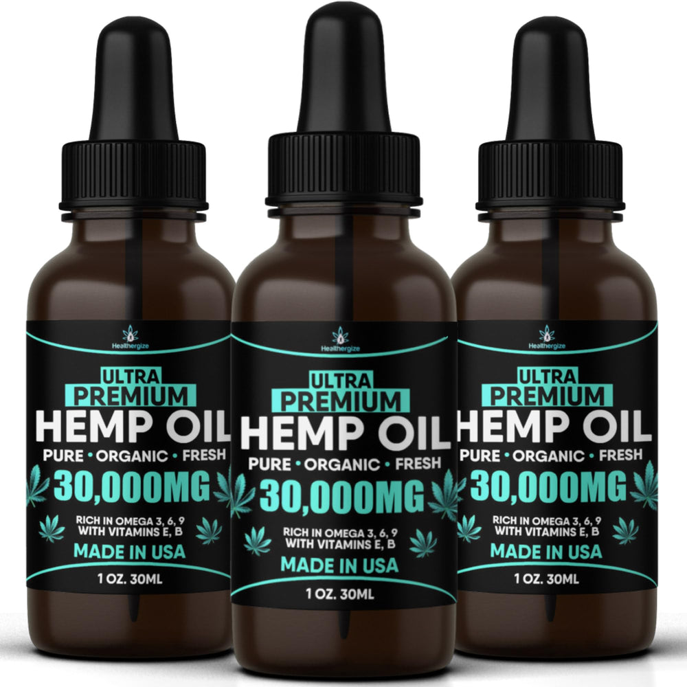 Healthergize hemp oil bottle shows triple-pack packaging for skin care and relaxation.