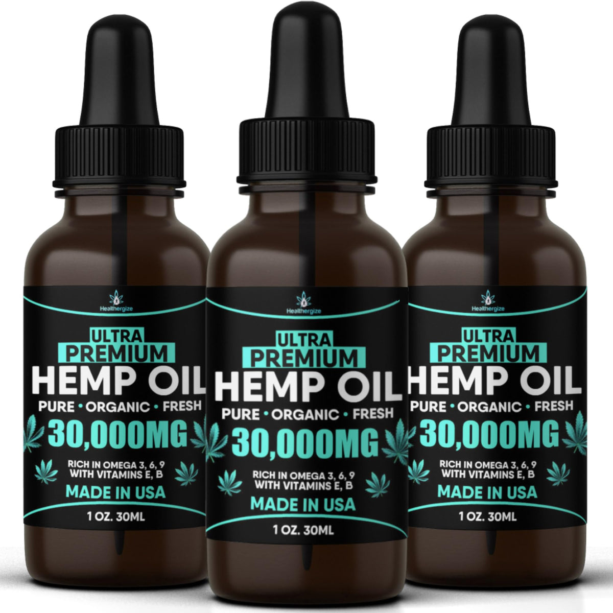 Healthergize hemp oil bottle shows triple-pack packaging for skin care and relaxation.