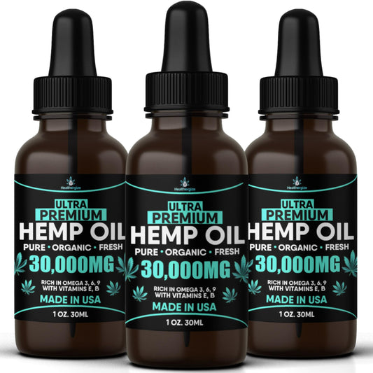 Healthergize hemp oil bottle shows triple-pack packaging for skin care and relaxation.