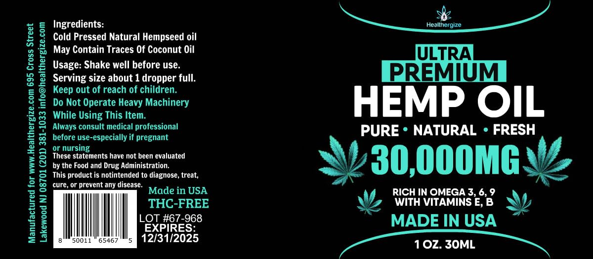Pet-safe Healthergize hemp oil packaging with dosage guidance.