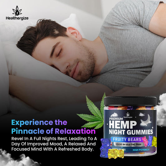 Healthergize nighttime gummies jar closeup highlights tasty, easy-to-chew hemp treats for a peaceful evening.
