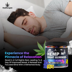 Healthergize nighttime gummies jar closeup highlights tasty, easy-to-chew hemp treats for a peaceful evening.