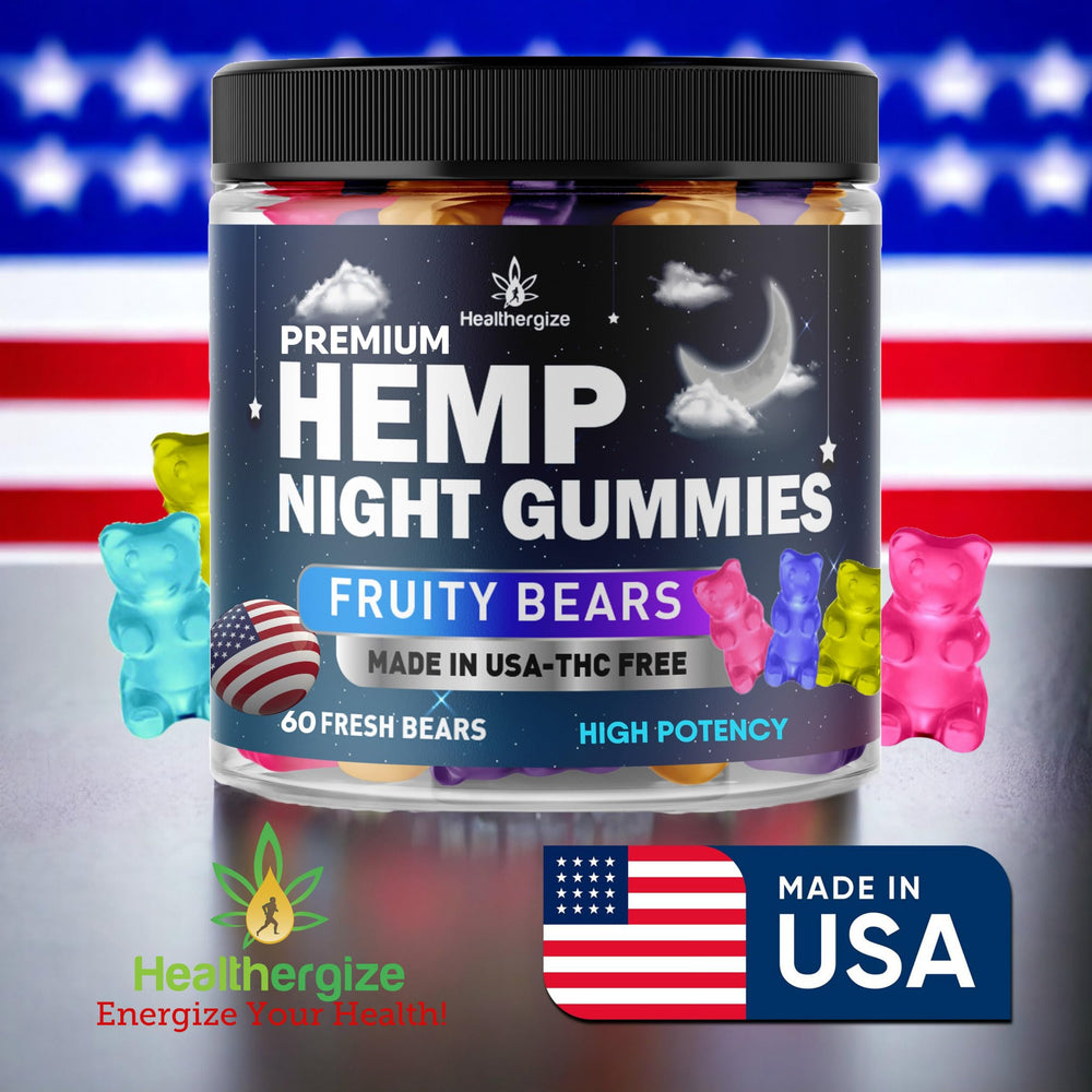 Healthergize nighttime gummies with mug scene conveys a cosy wind-down ritual.