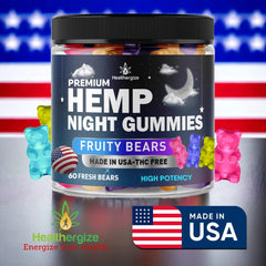 Healthergize nighttime gummies with mug scene conveys a cosy wind-down ritual.