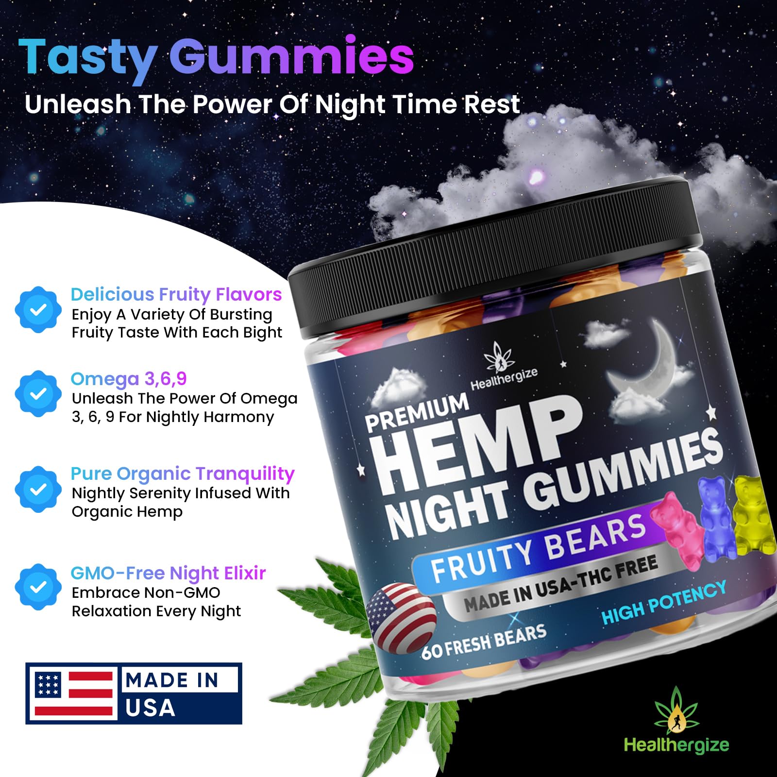 Healthergize nighttime gummy bear texture shows soft, chewable consistency for nightly use.