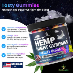 Healthergize nighttime gummy bear texture shows soft, chewable consistency for nightly use.