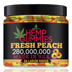 Healthergize Peach Gummies bottle highlighting premium USA-made hemp for daily calm and gentle support.