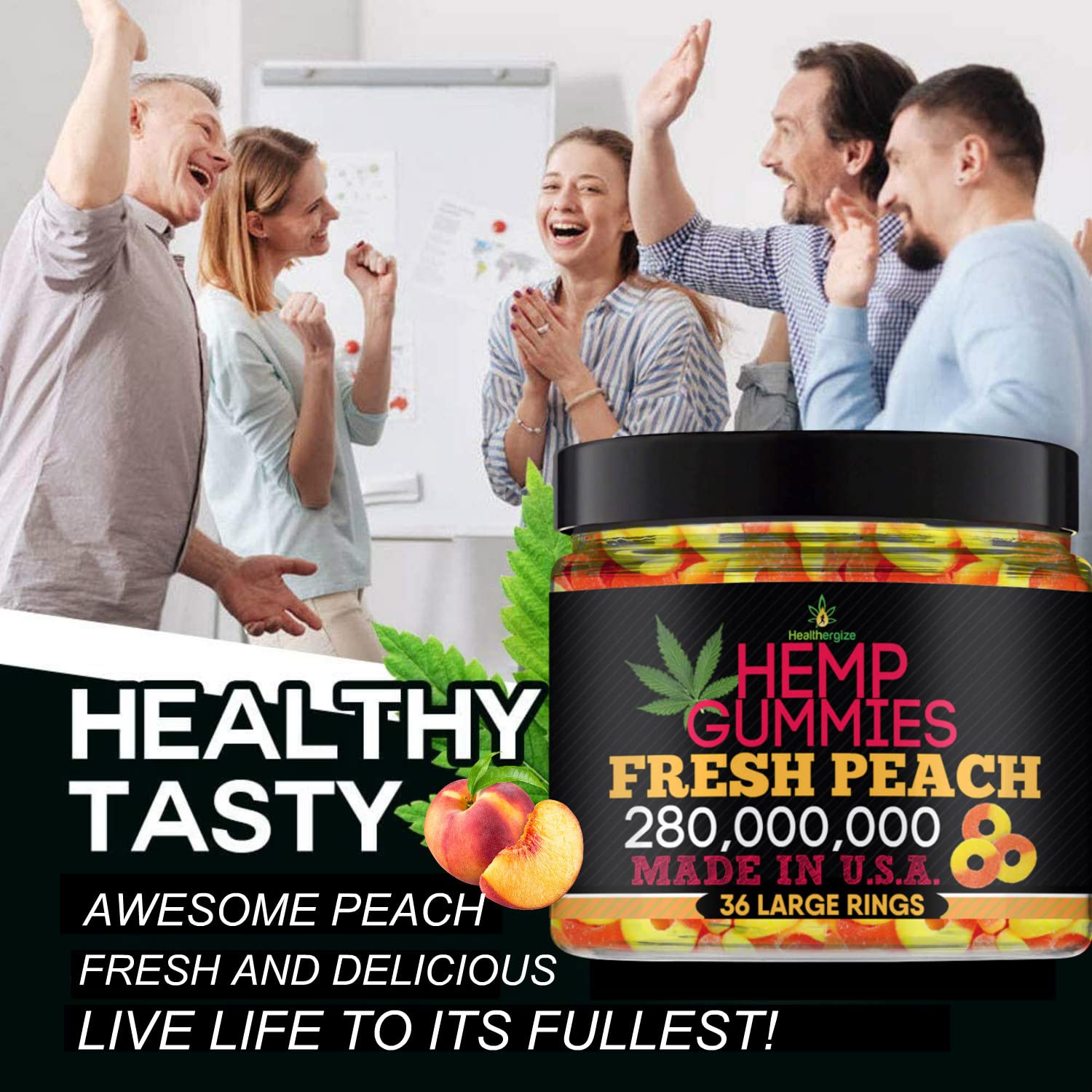 Healthergize peach gummies soft texture closeup showcases chewy bite and fresh flavor.