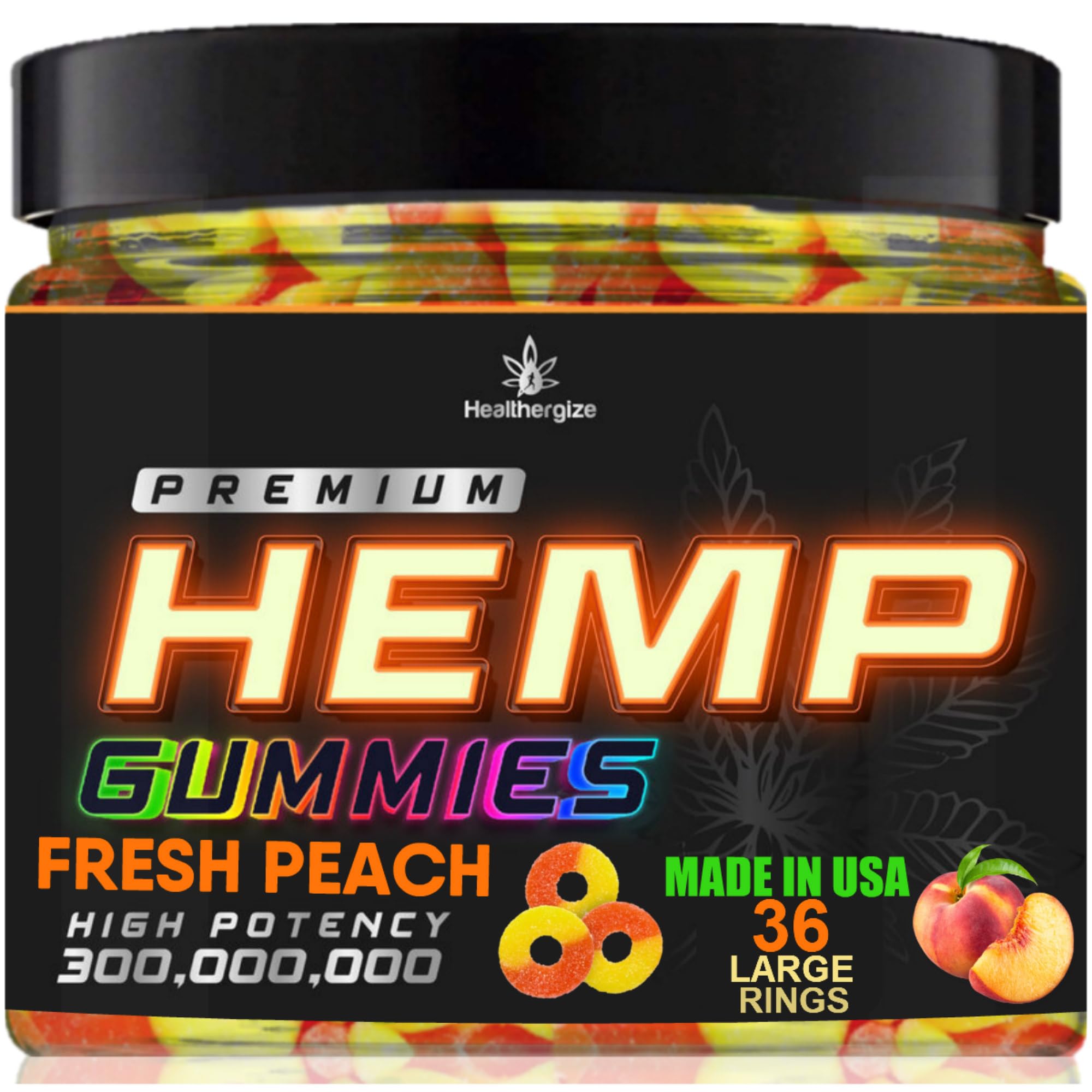 Healthergize Peach Ring Gummy Bears in package showing calm, flavorful treat.