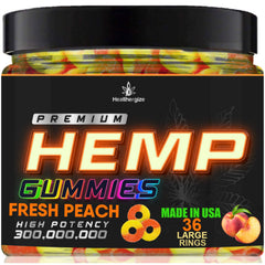 Healthergize Peach Ring Gummy Bears in package showing calm, flavorful treat.