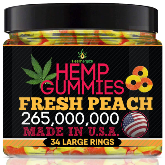 Healthergize Peach Rings gummies bottle close-up highlighting fresh peach flavor.